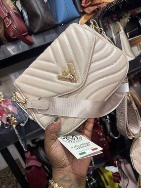 Valentino Orlandi Beige Quilted Crossbody Bag with Gold Hardware